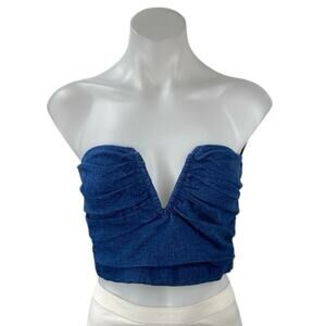Line and Dot Joey Blue  Denim Ruched Strapless V-neck Crop Bandeau Tube Top Sz S